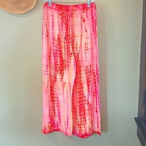 Calstyle BOHO Wide Leg 100% Rayon Pants Orange&Pink Waist 30" w/Elastic Size Med
